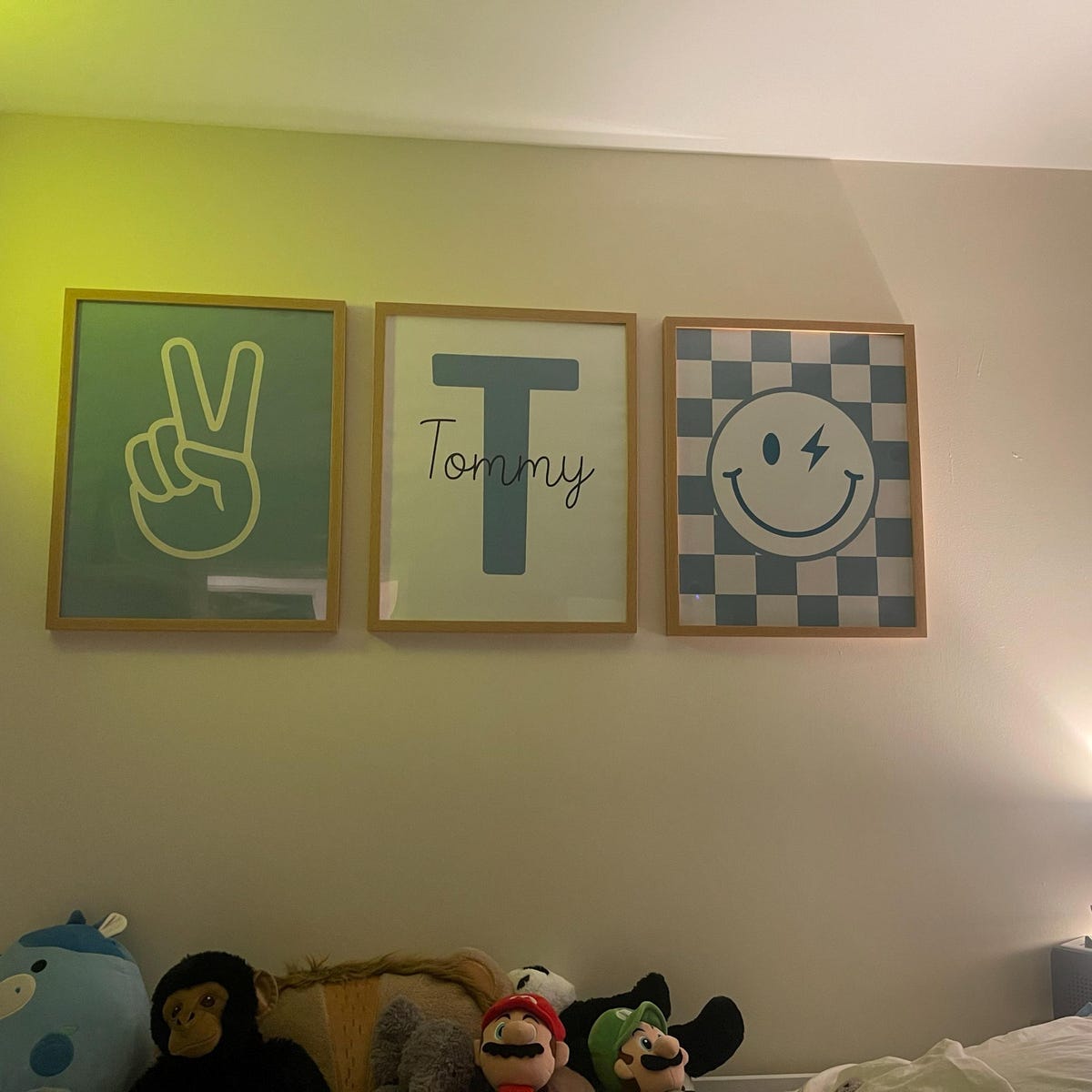 Preppy Blue Peace Sign Monogram and Smiley Face Wall Art Trio