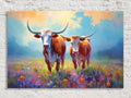 Vibrant Longhorn Cattle in Wildflower Meadow Digital Artwork