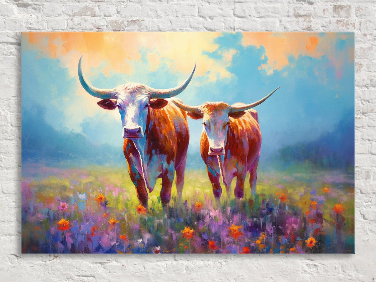 Vibrant Longhorn Cattle in Wildflower Meadow Digital Artwork