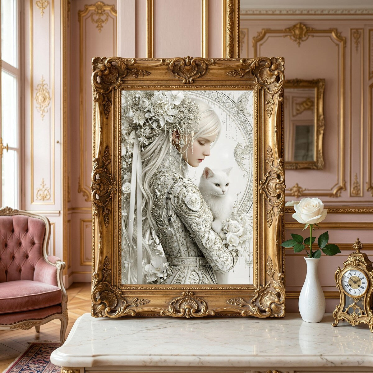 Ethereal Maiden with White Cat Digital Art