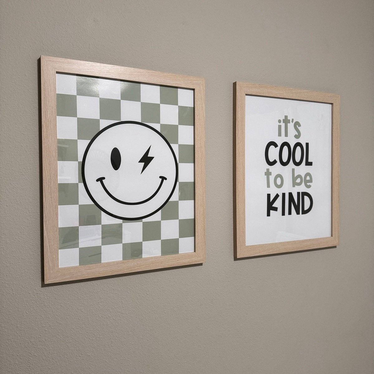 Sage Checkered Smiley Digital Wall Art Set