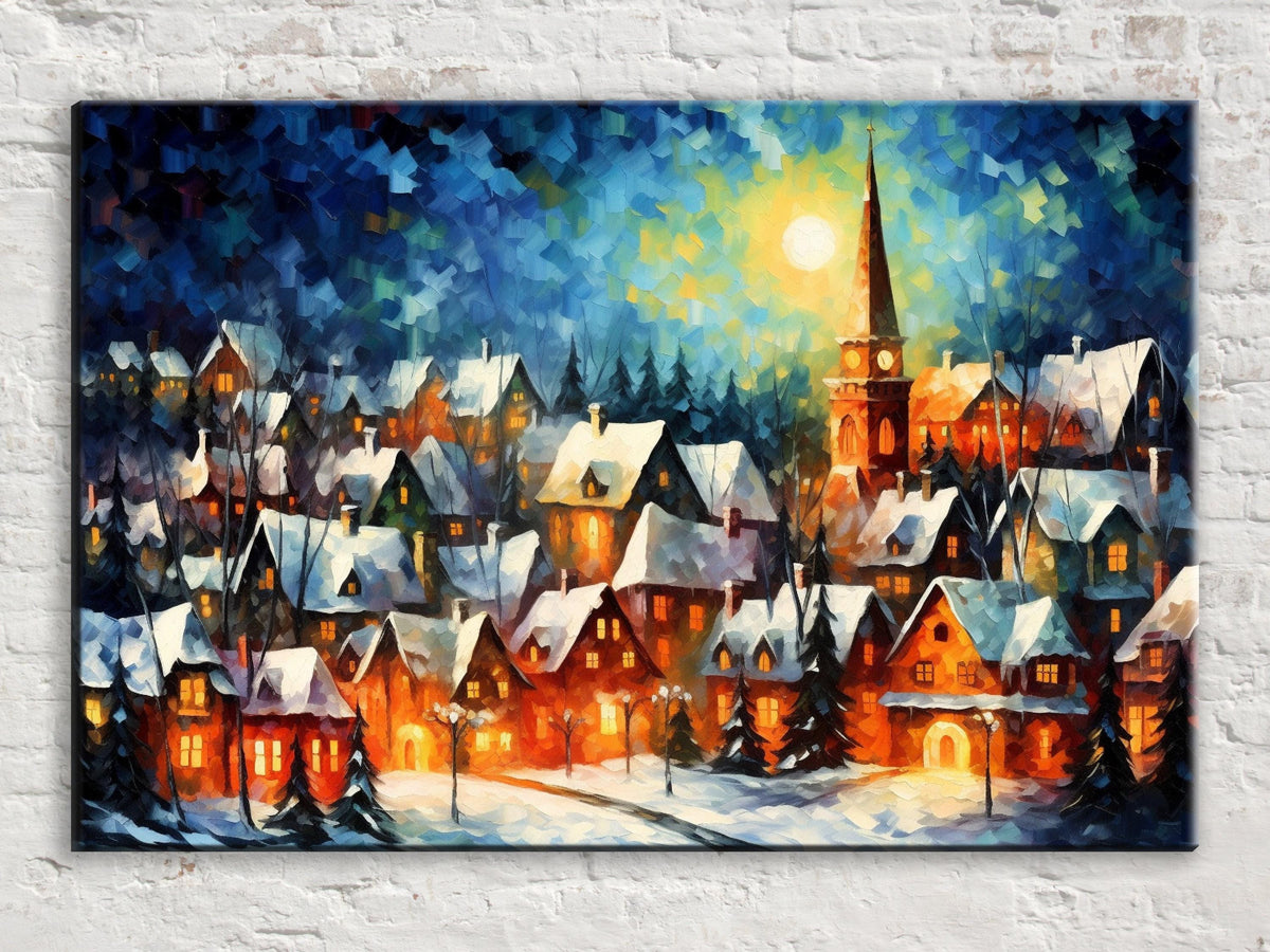 Moonlit Winter Village Digital Artwork