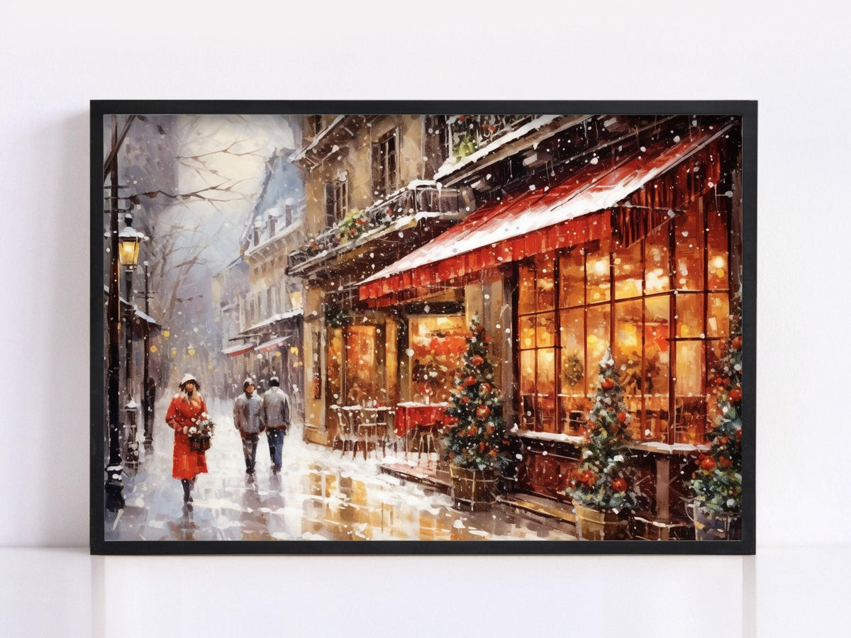 Snowy Parisian Cafe Winter Digital Artwork