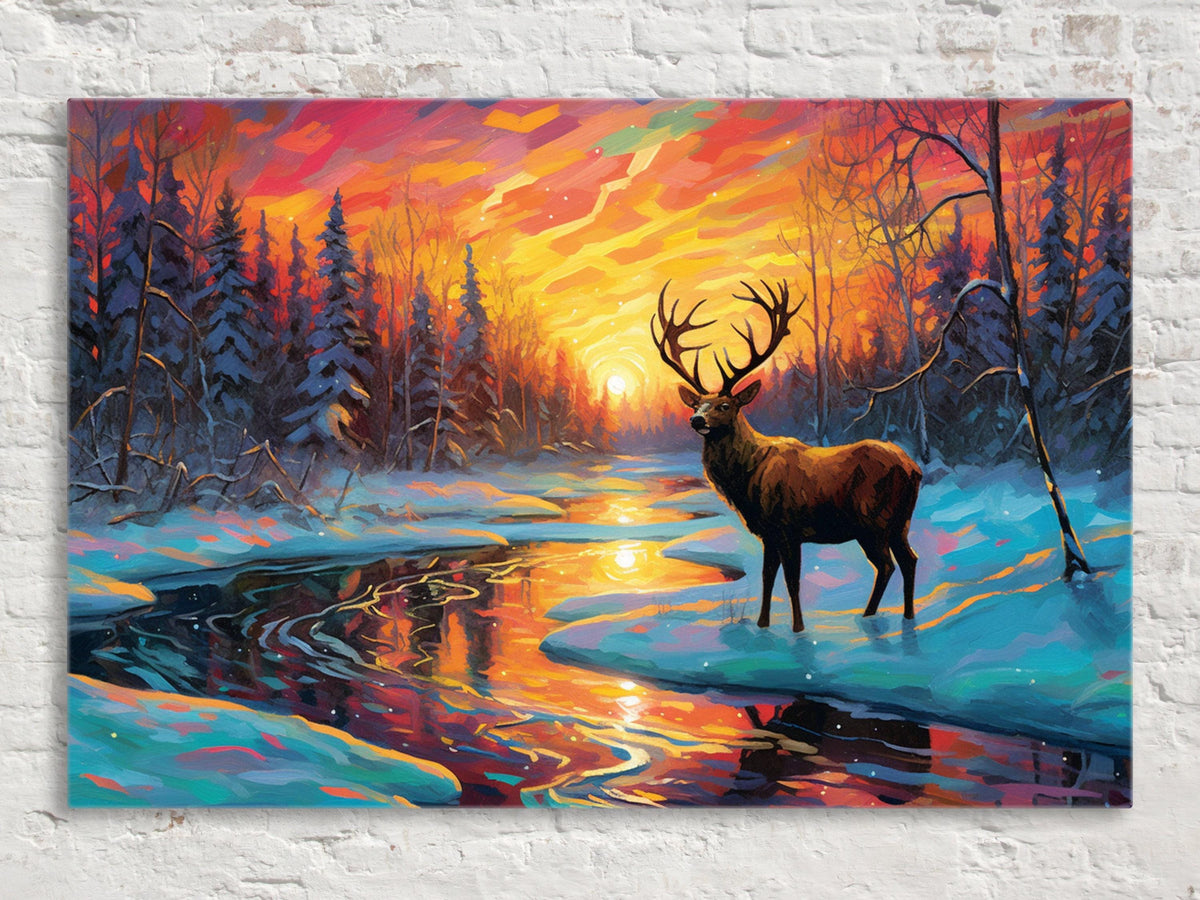 Neon Sunset Winter Elk Digital Art