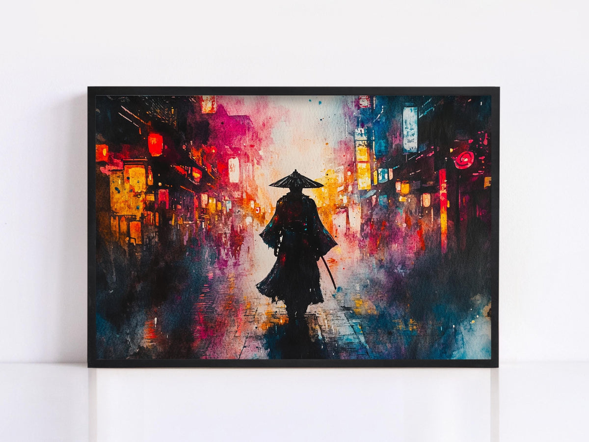 Neon Rain Samurai Digital Art Print