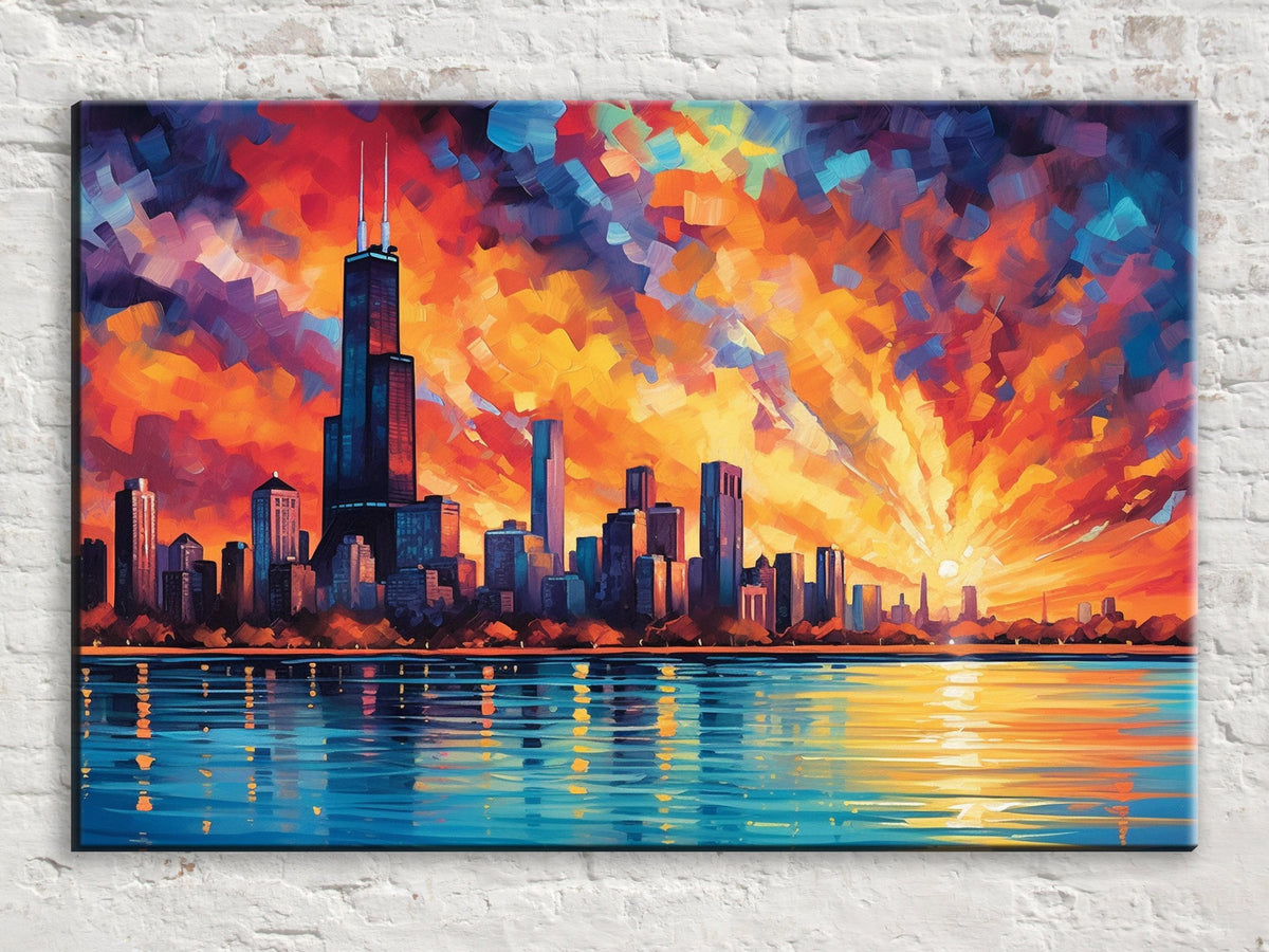 Vibrant Chicago Skyline Sunset Digital Artwork