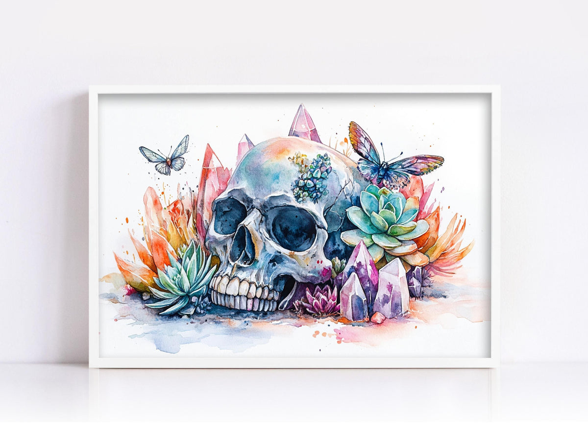 Watercolor Skull with Crystals and Butterflies Digital Artwork