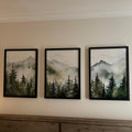 Misty Pine Forest Watercolor Triptych