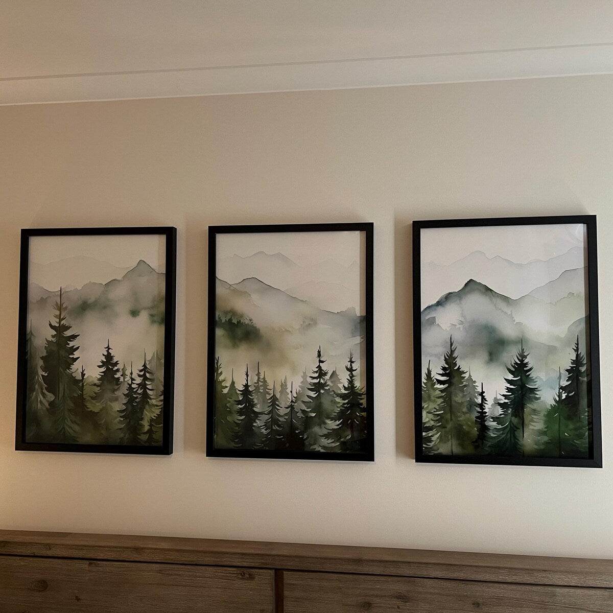 Misty Pine Forest Watercolor Triptych