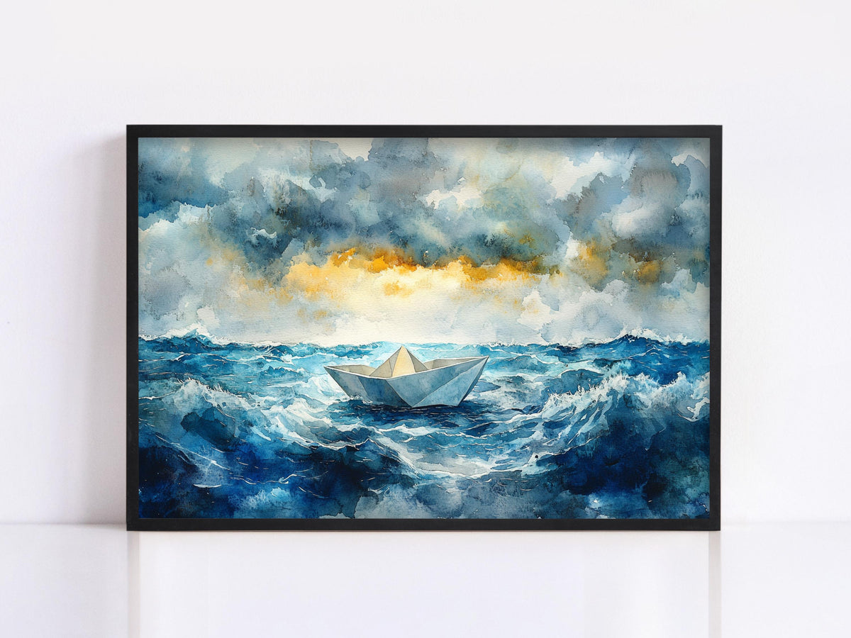 Watercolor Paper Boat on Stormy Ocean Digital Art