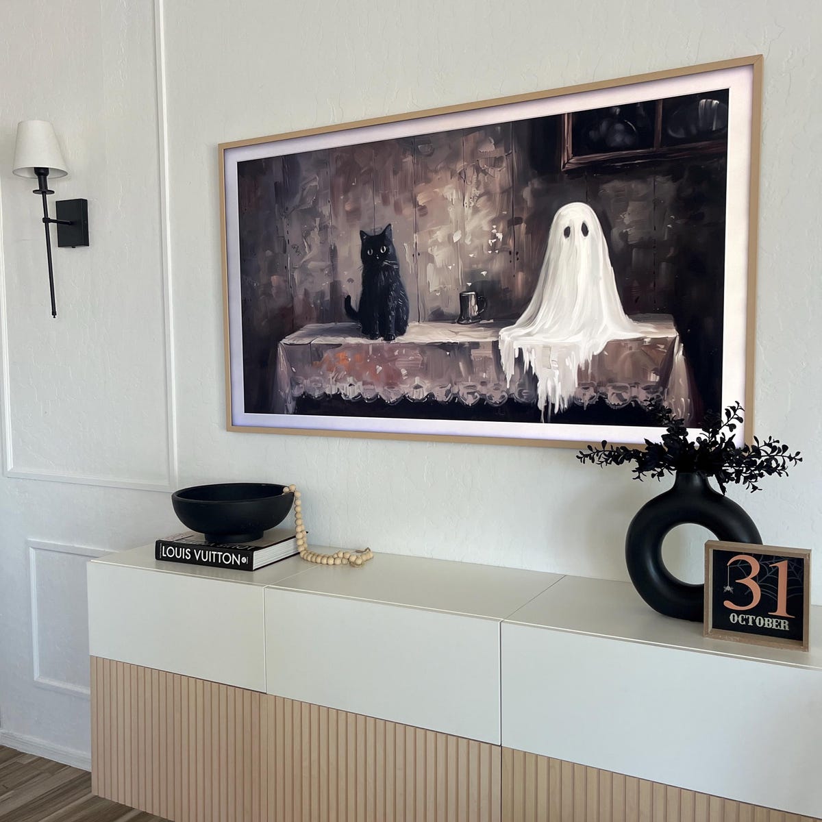 Spooky Black Cat and Friendly Ghost Instant Digital Download