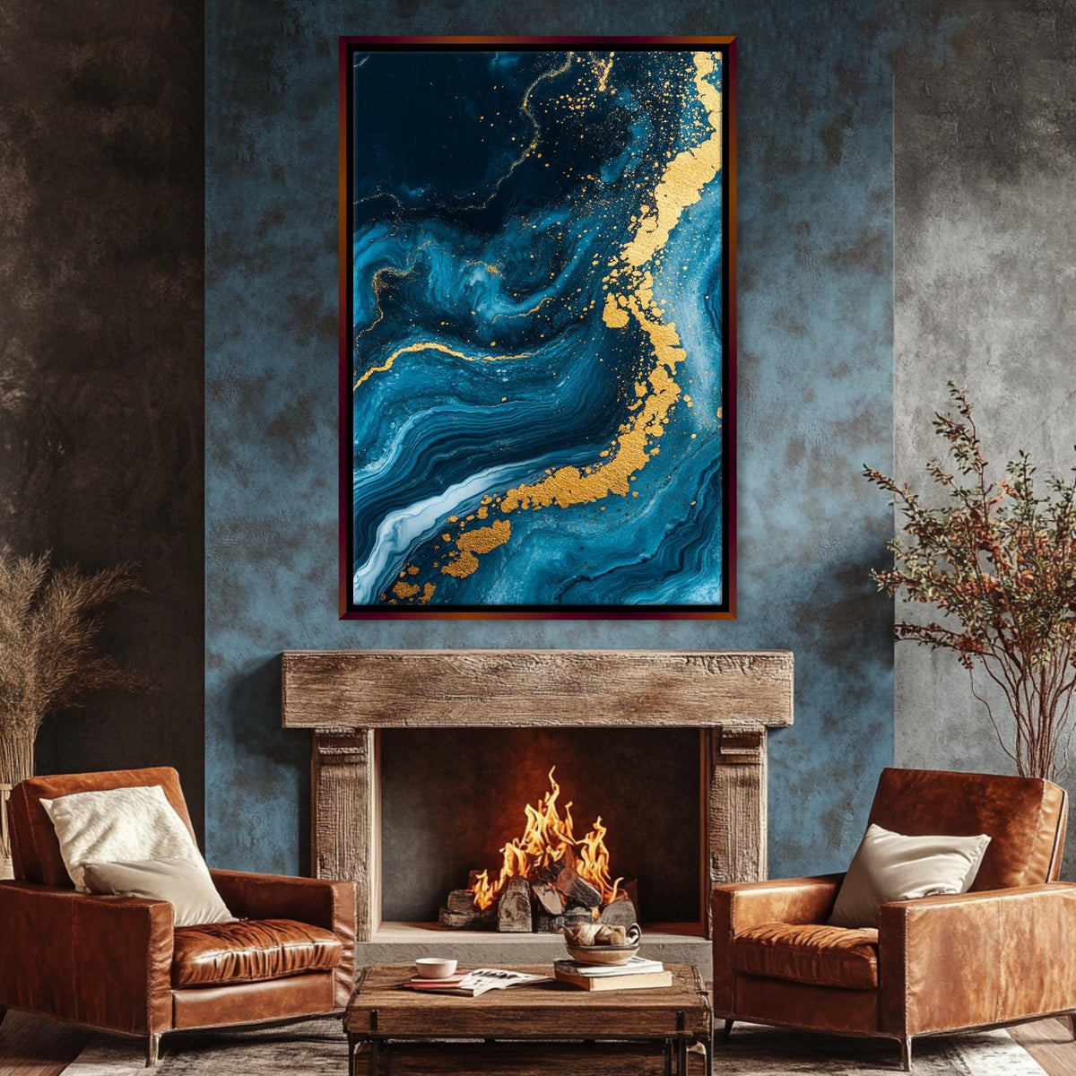 Golden Blue Marble Waves Digital Artwork