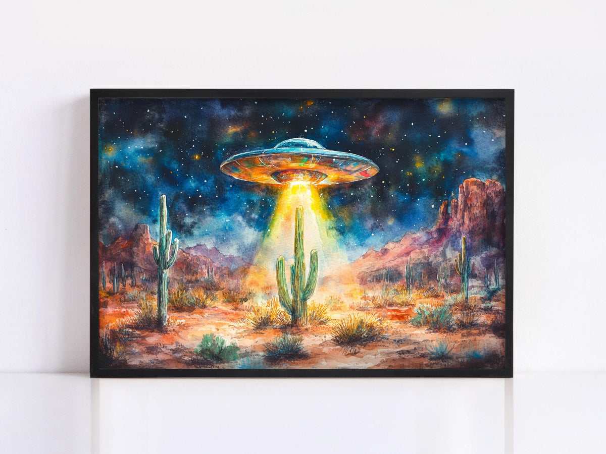 Desert UFO Abduction Digital Watercolor Art