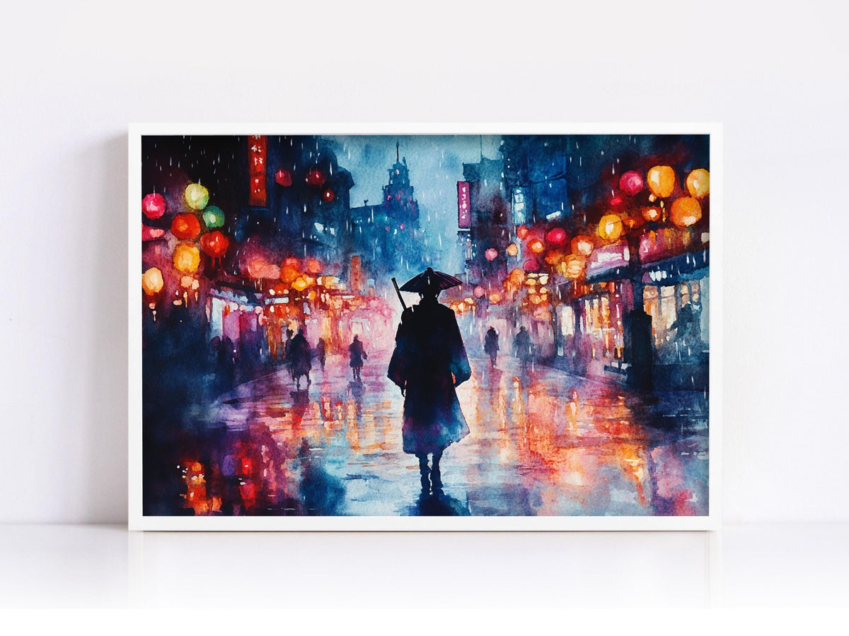 Neon Rain Samurai Digital Art Print