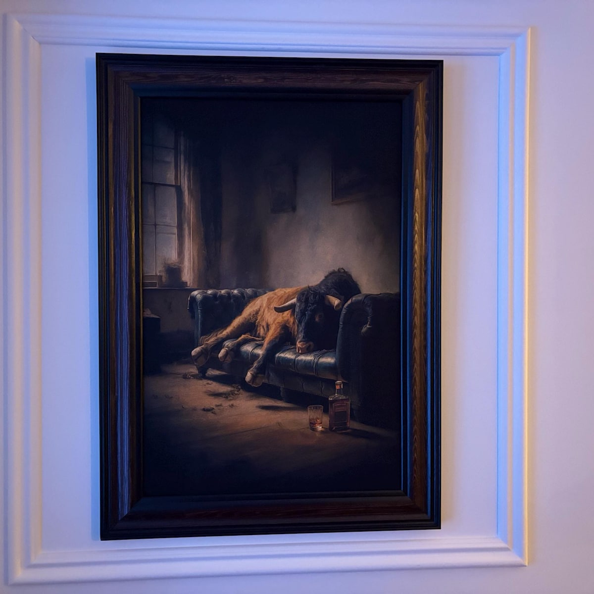 Exhausted Bull Relaxing on Couch Digital Artwork