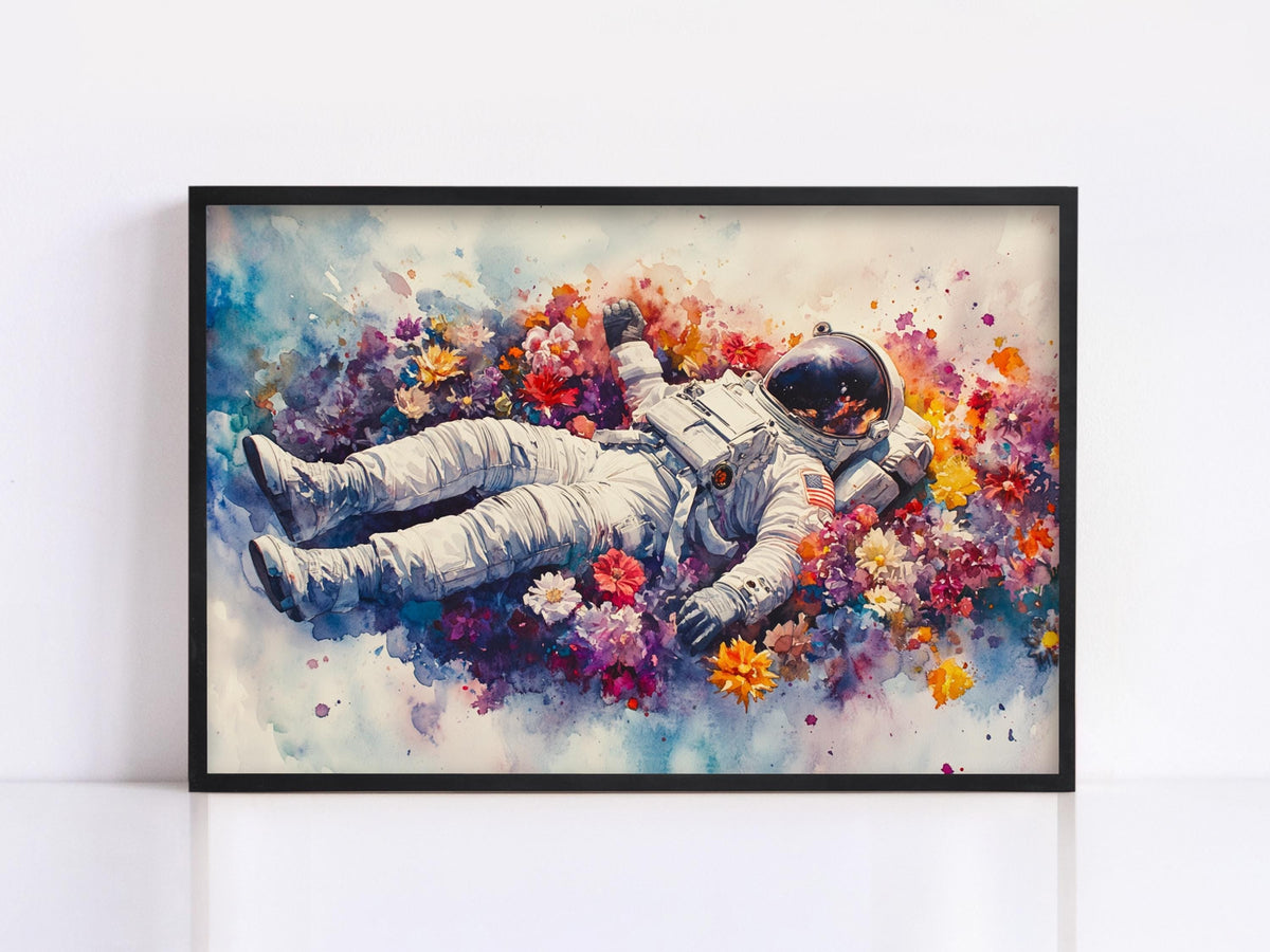 Astronaut in Cosmic Flowers Digital Watercolor Artwork